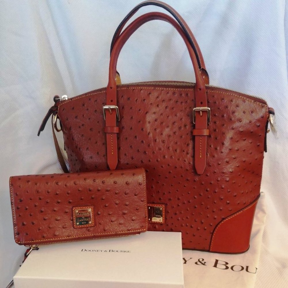 Dooney & Bourke Cognac Ostrich Lg Domed Satchel & Lg Foldover Wallet Bundle NWT - Picture 1 of 8